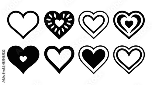 A collection of black and white heart icons with various designs and outlines, perfect for expressing love and emotion