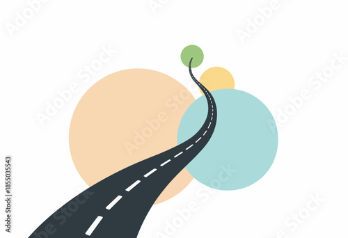Minimalist illustration of a winding road leading to vibrant circles symbolizing different destinations, conveying abstract journey and exploration themes