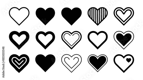 A diverse set of black and white heart icons symbolizing love, romance, and affection