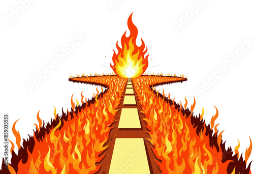 Pathway Engulfed in Flames Leading to a Fiery Star Symbol Against a White Background