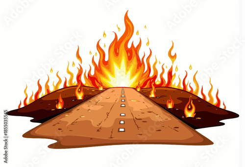 A Road Engulfed in Intense Flames with Fiery Surroundings on a Mysterious Stretch Symbolizing Danger and Adventure Against a Stark White Background