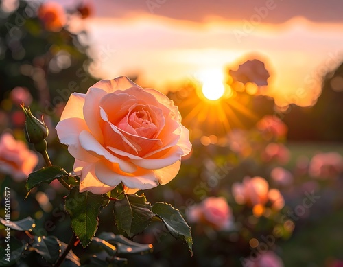 Peach rose blooming amidst a garden bathed in golden sunset light, soft petals glowing