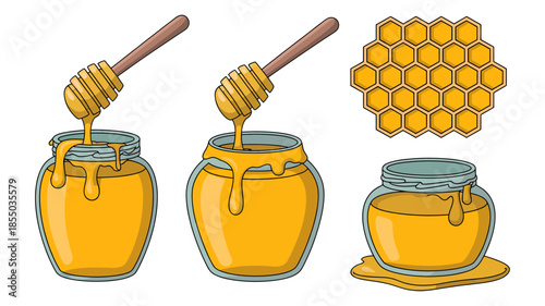 Golden natural honey dripping from wooden dippers into glass jars with honeycomb