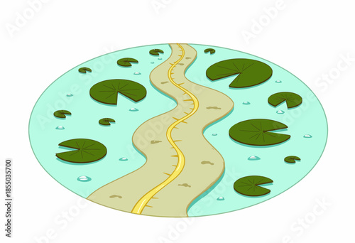 Pathway meandering through a tranquil pond landscape with vibrant green lily pads scattered across a serene water surface capturing a peaceful escape to nature