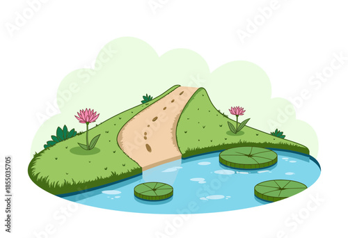 Serene Pathway Over a Tranquil Pond with Lush Greenery and Blossoming Flowers in a Peaceful Natural Setting