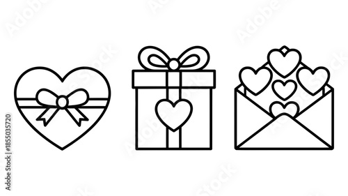Elegant outline icons of love and gifts: heart box, present, and love letter for romantic occasions