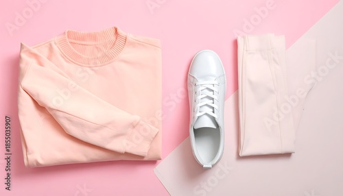 Peach sweatshirt, white sneaker, folded pants on pink background. Fashion and lifestyle still life