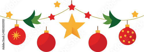 Adobe Illustrator Artwork  Horizontal Christmas garland with snowy fir branches, pine cones, and holly berries. Festive design for winter banners, cards, invitations, and seasonal posters. Transparent