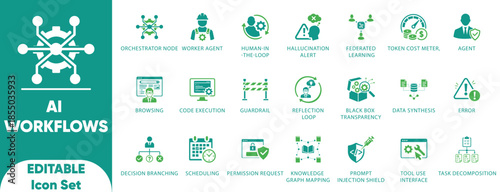 AI workflows and agents icons set. Features orchestrator, agent, guardrail, and token symbols. Ideal for AI development, SaaS UI, and automation.