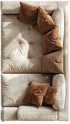 Overhead view of a modular beige sofa adorned with a row of brown pillows. Sunlight creates soft shadows