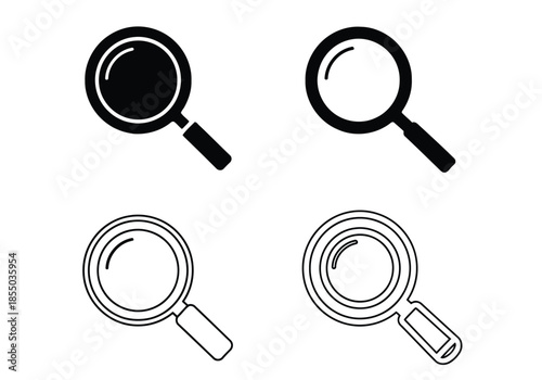 Collection of four magnifying glass icons in black and white