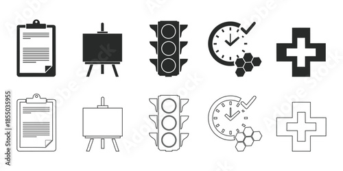 A set of modern black and white icons representing business and communication concepts