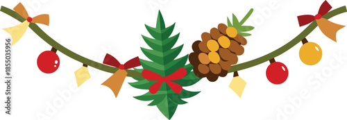 Adobe Illustrator Artwork  Horizontal Christmas garland with snowy fir branches, pine cones, and holly berries. Festive design for winter banners, cards, invitations, and seasonal posters. Transparent