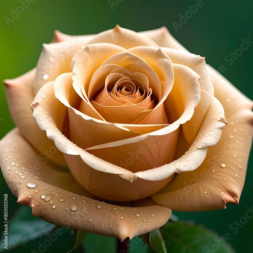 Peach rose in full bloom, close-up, with water droplets, soft light, and a blurred, green background