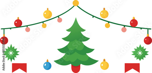 Adobe Illustrator Artwork  Horizontal Christmas garland with snowy fir branches, pine cones, and holly berries. Festive design for winter banners, cards, invitations, and seasonal posters. Transparent