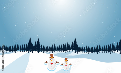 A cheerful winter scene featuring two smiling snowmen, one adult and one child, enjoying a pristine snow-covered landscape, evoking a festive holiday spirit