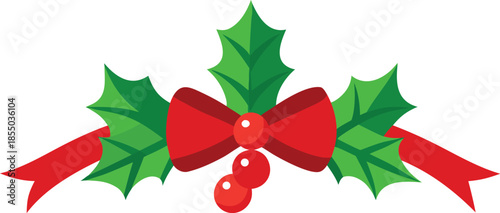 Adobe Illustrator Artwork  Horizontal Christmas garland with snowy fir branches, pine cones, and holly berries. Festive design for winter banners, cards, invitations, and seasonal posters. Transparent