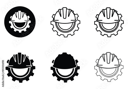 Collection of construction and industry icons with hard hats and gears