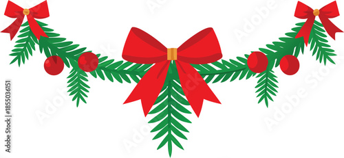 Adobe Illustrator Artwork  Horizontal Christmas garland with snowy fir branches, pine cones, and holly berries. Festive design for winter banners, cards, invitations, and seasonal posters. Transparent