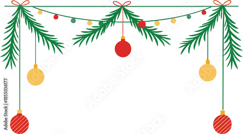 Adobe Illustrator Artwork  Horizontal Christmas garland with snowy fir branches, pine cones, and holly berries. Festive design for winter banners, cards, invitations, and seasonal posters. Transparent