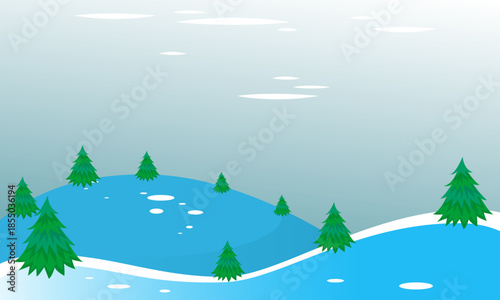 Minimalist vector illustration of a peaceful winter landscape featuring rolling snow-covered hills and lush evergreen trees beneath a soft blue sky, evoking a serene seasonal mood