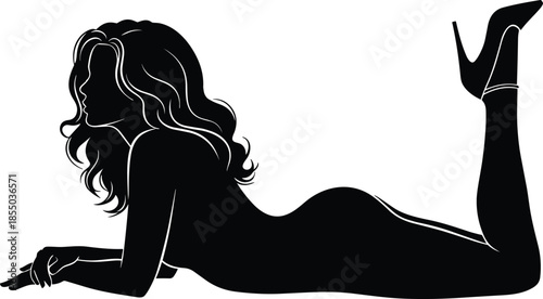 Woman silhouette lying on stomach with raised legs, relaxed posture, long hair, high heels, leisure and elegance concept, flat vector