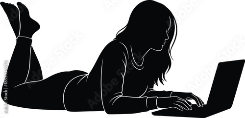 Woman silhouette lying with laptop, relaxed posture, casual work from home, digital lifestyle, online browsing, freelance concept illustration, flat vector