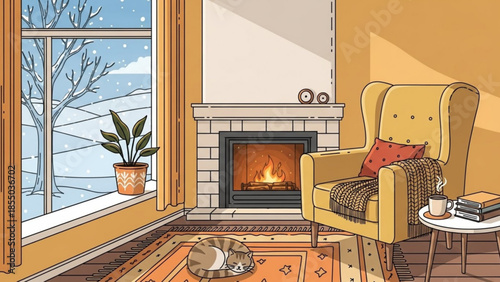 Cozy living room with fireplace, armchair, and window overlooking snowy landscape, warm and inviting home interior with cat bowl and side table