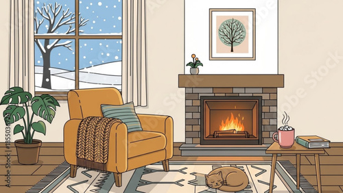 Cozy living room with yellow armchair, fireplace, and cat by window on snowy day, warm home atmosphere with cup of hot cocoa on side table