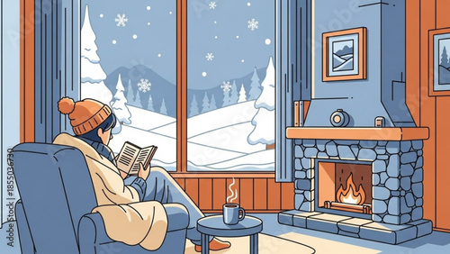 Woman reading book by fireplace on snowy winter day in cozy living room with warm lighting and stone hearth