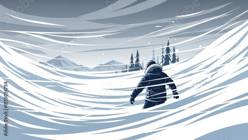 Man walking through heavy snowstorm with strong winds in winter landscape with mountains and trees in background