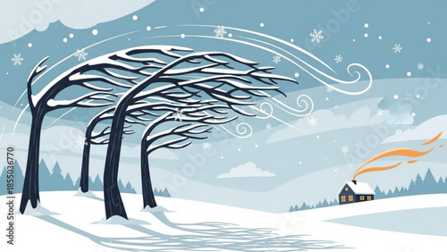 Snowy landscape with bare trees, house emitting smoke, serene winter scene with snowflakes, distant mountains and forest, peaceful cold weather