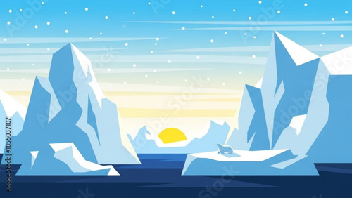 Icebergs floating in the ocean with snow falling and a sunset in the background, serene winter landscape with frozen sea ice