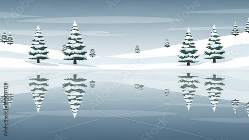 Snowy pine trees reflected in calm water on serene winter landscape with gentle hills and blue sky