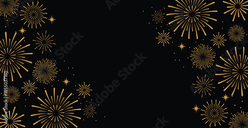 Elegant gold fireworks burst and sparkling stars on clean black background, festive celebration illustration for New Year, holiday party, greeting card, luxury event design, minimalist style vector.
