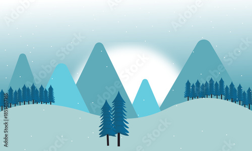 Serene winter landscape illustration with rolling blue hills, snow-covered ground, and stylized evergreen trees under a pale sun and falling snow