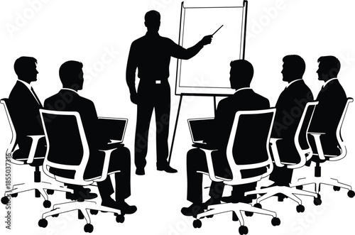 Business team presentation in office meeting room, corporate training with laptops and flip chart, leadership and teamwork concept, flat vector