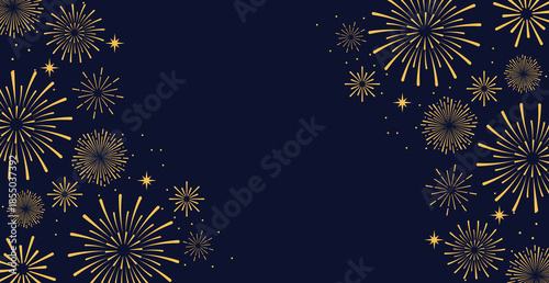 Elegant gold fireworks burst and sparkling stars on clean blue background, festive celebration illustration for New Year, holiday party, greeting card, luxury event design, minimalist style vector.