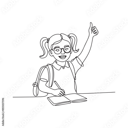 A happy student girl studying and giving a thumbs up gesture