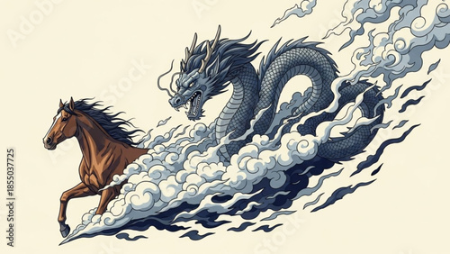 Brown horse and dragon illustration with cloudy wisps on a cream background, mythical creature graphic art