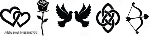 Romantic Silhouette Icon Set: Black Intertwined Hears, Doves, Rose, Celtic Kno, and Cupid's Bow for Weddng and Valentine's Design