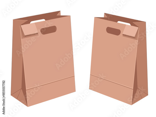 Two brown paper shopping bags with handles on a white background, perfect for retail and eco-friendly packaging concepts