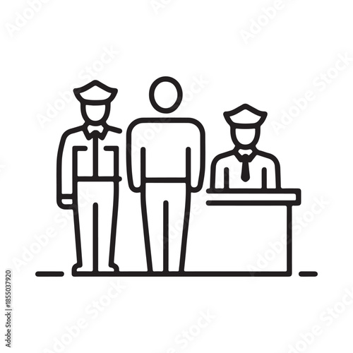 Line illustration depicting two police officers and a person at a desk