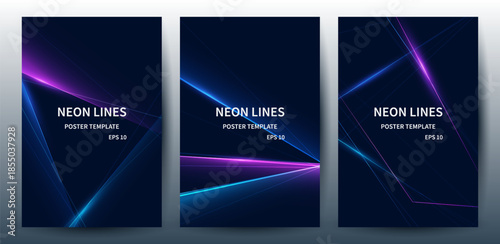 Abstract Geometric Blue and Purple Neon Lines Background Vector Template
