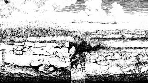 cracked earth landscape with grass and sky