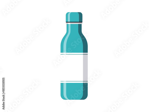 A clean and simple illustration of a turquoise bottle with a white label, perfect for representing beverages or liquid products