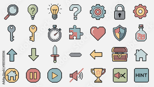 Collection of colorful vector game icons for user interface design.