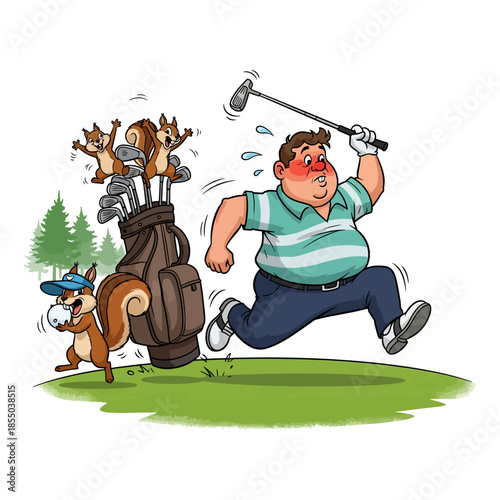 Funny Panic-Stricken Golfer Fleeing from Mischievous Squirrels Stealing Ball