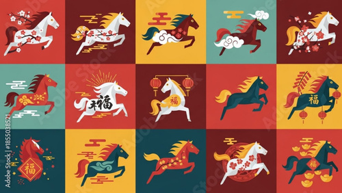 Vibrant horse illustrations in various colors and patterns, featuring traditional chinese motifs and symbolism, ideal for cultural and festive designs