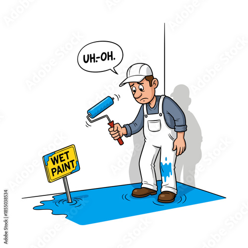 Funny Sad Painter Standing in Blue Paint Puddle with Wet Paint Sign and Uh-Oh Bubble